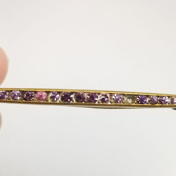 Vintage Skinny Pink Purple Rhinestone Bar Brooch, Gold Tone Setting, Estate - Picture 4 of 8
